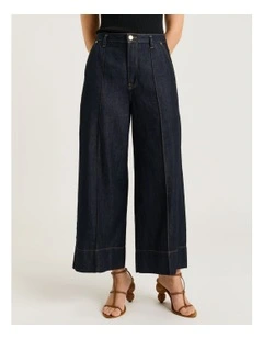 Cotton Lyocell Pintuck Wide Cropped Jeans in Blue