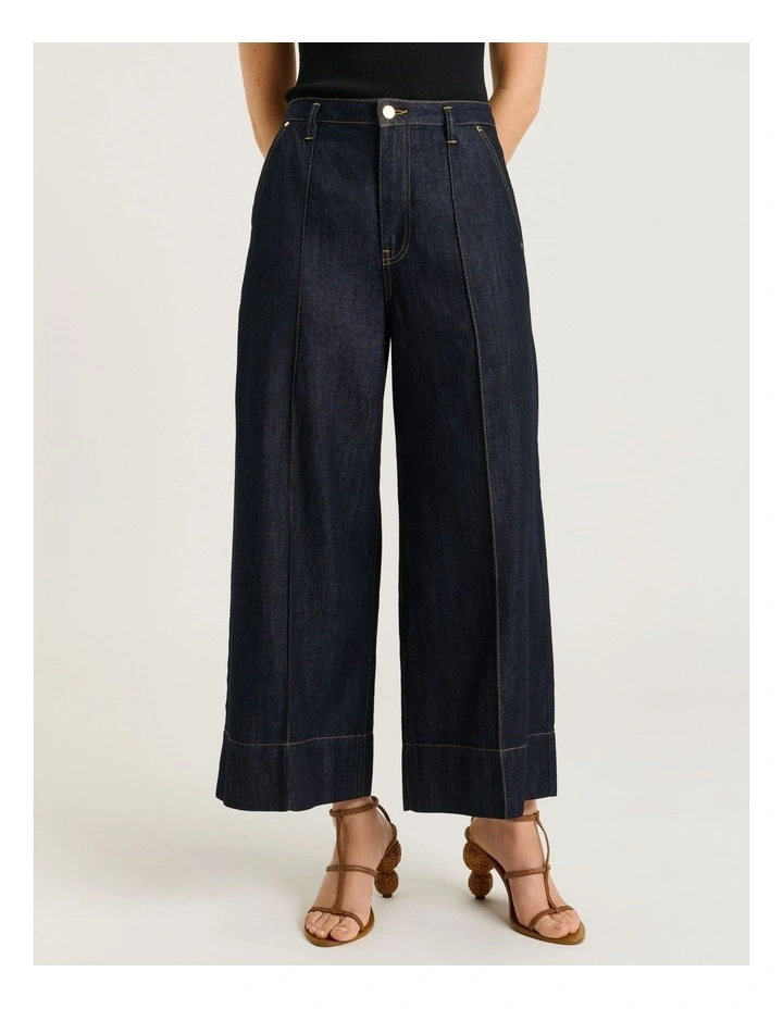 Cotton Lyocell Pintuck Wide Cropped Jeans in Blue image 1