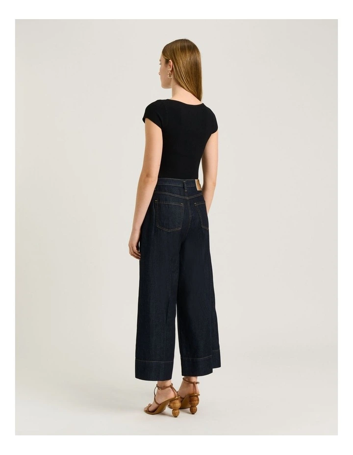 Cotton Lyocell Pintuck Wide Cropped Jeans in Blue image 2