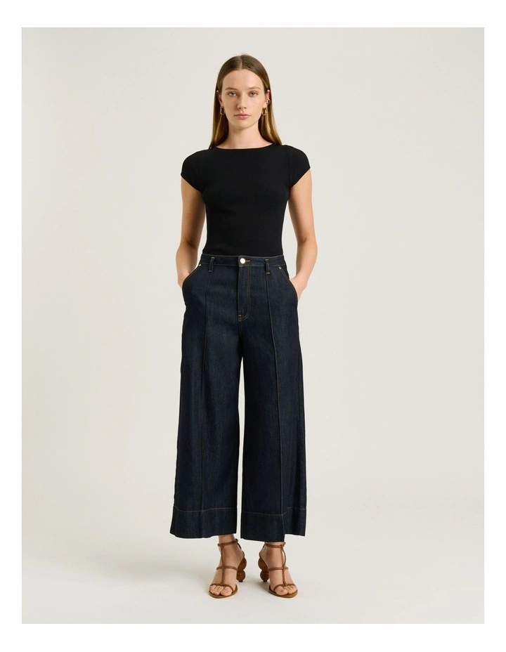 Cotton Lyocell Pintuck Wide Cropped Jeans in Blue image 5