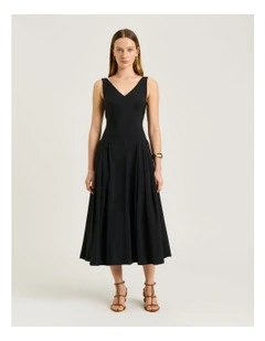 DRAPEY MODAL BLEND V NECK MIDI DRESS