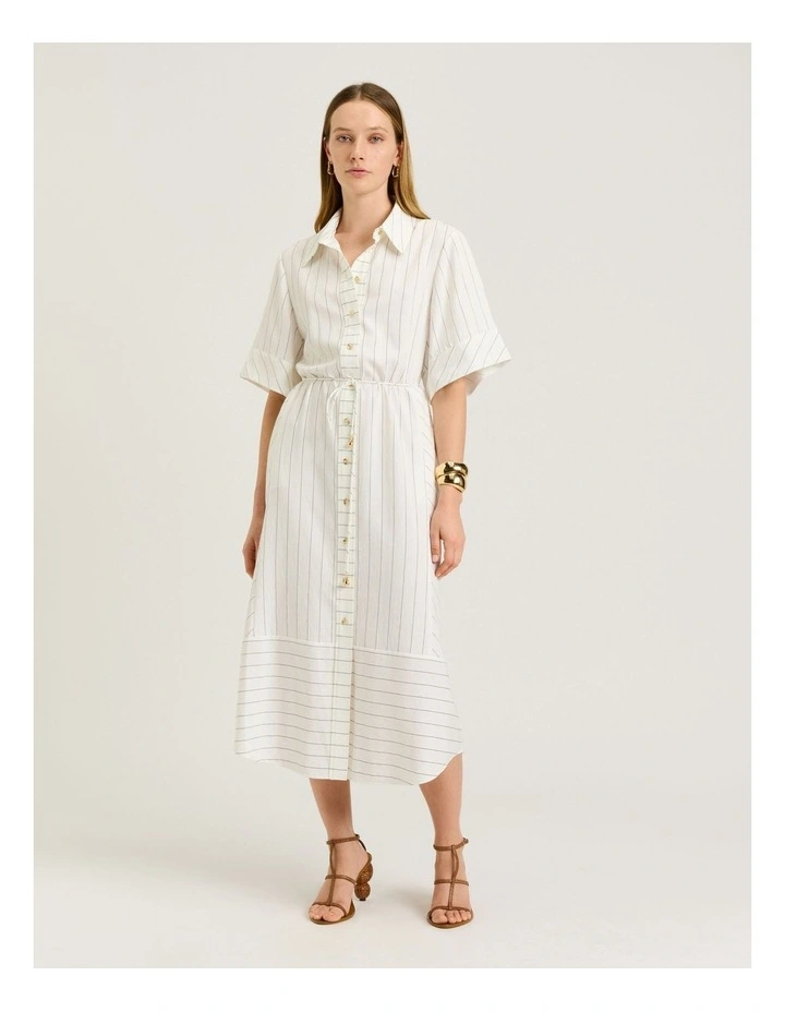 WHITE WIDE PINSTRIPE TIE WAIST SHIRTDRESS image 1