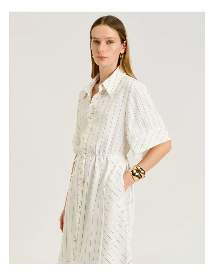 WHITE WIDE PINSTRIPE TIE WAIST SHIRTDRESS image 3