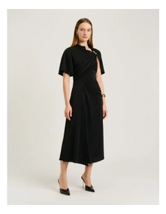 Satin Georgette Draped Dress in Black