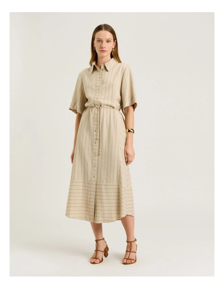 Wide Pinstripe Tie Waist Shirtdress in Brown image 1