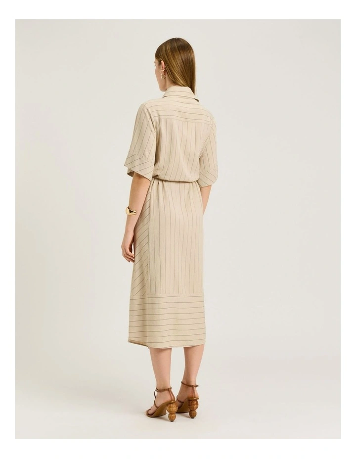 Wide Pinstripe Tie Waist Shirtdress in Brown image 2