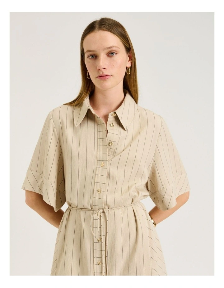 Wide Pinstripe Tie Waist Shirtdress in Brown image 4