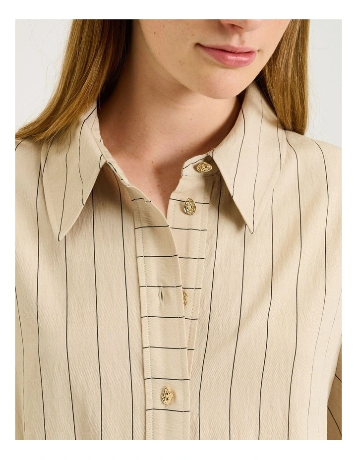 Wide Pinstripe Tie Waist Shirtdress in Brown image 5