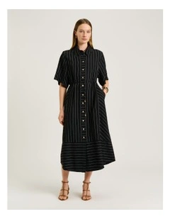 Wide pinstripe tie waist shirtdress