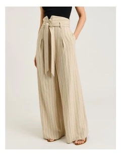 Wide Pinstripe Paperbag Pant in Brown