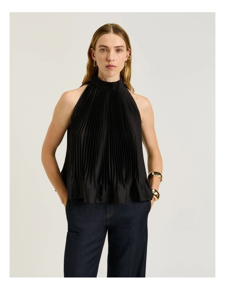 Pleated Satin Halter Neck Top in Black image 1