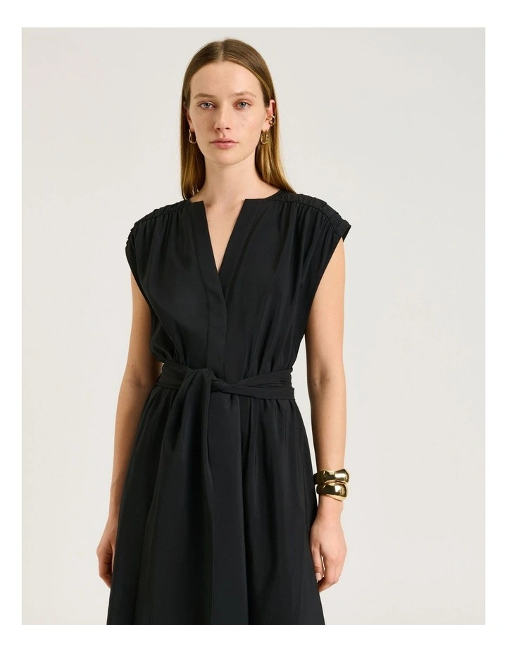 DRAPEY MODAL BLEND GATHERED TIE WAIST DRESS image 3