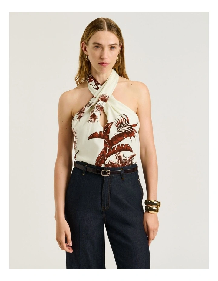Terracotta Palm Print Twist Halter Neck Top image 1
