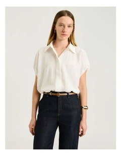 Rayon Blend Gathered Sleeve Shirt in Cream