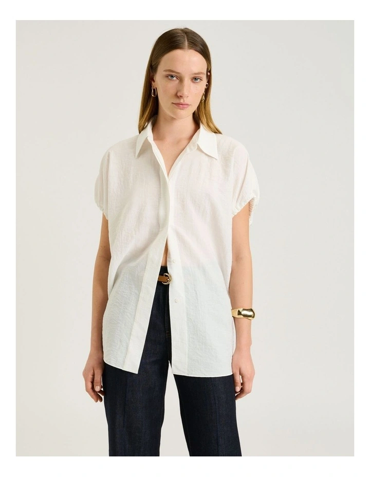 Rayon Blend Gathered Sleeve Shirt in Cream image 3