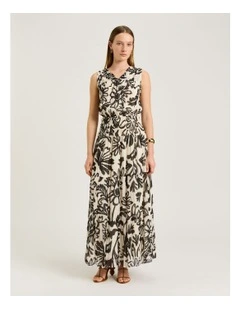 Filigree Print Crinkle Maxi Dress in Black