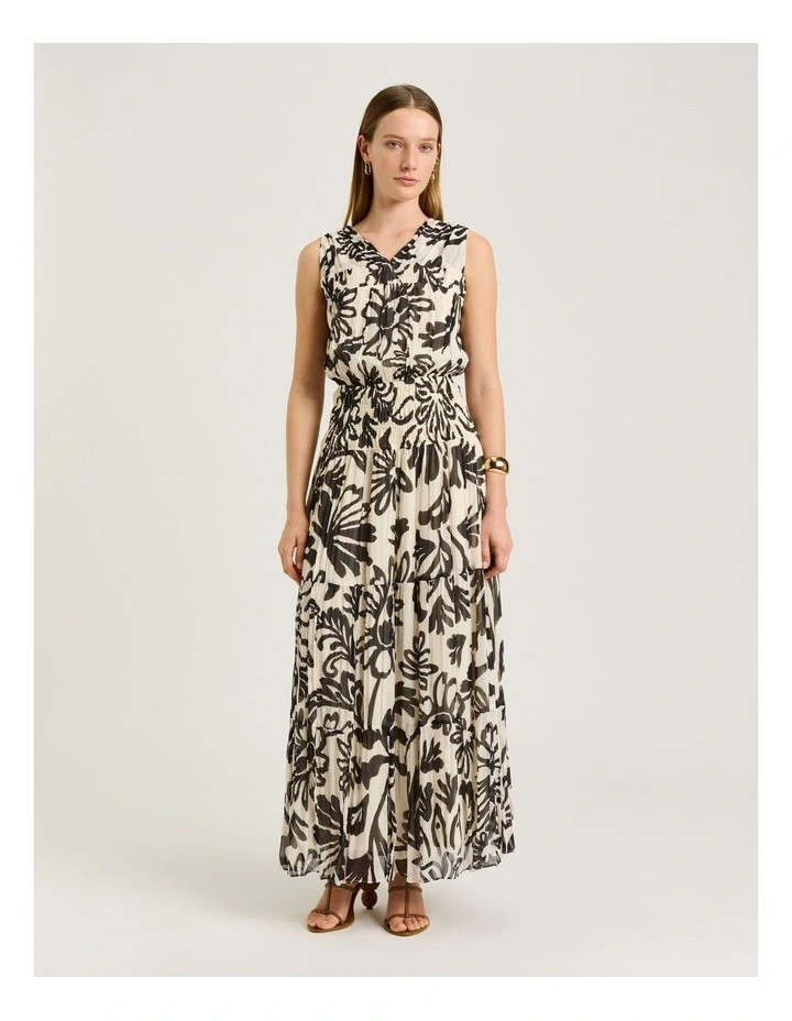 Filigree Print Crinkle Maxi Dress in Black image 1