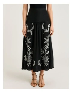 Filigree Foliage Embroidered Midi Skirt in Black