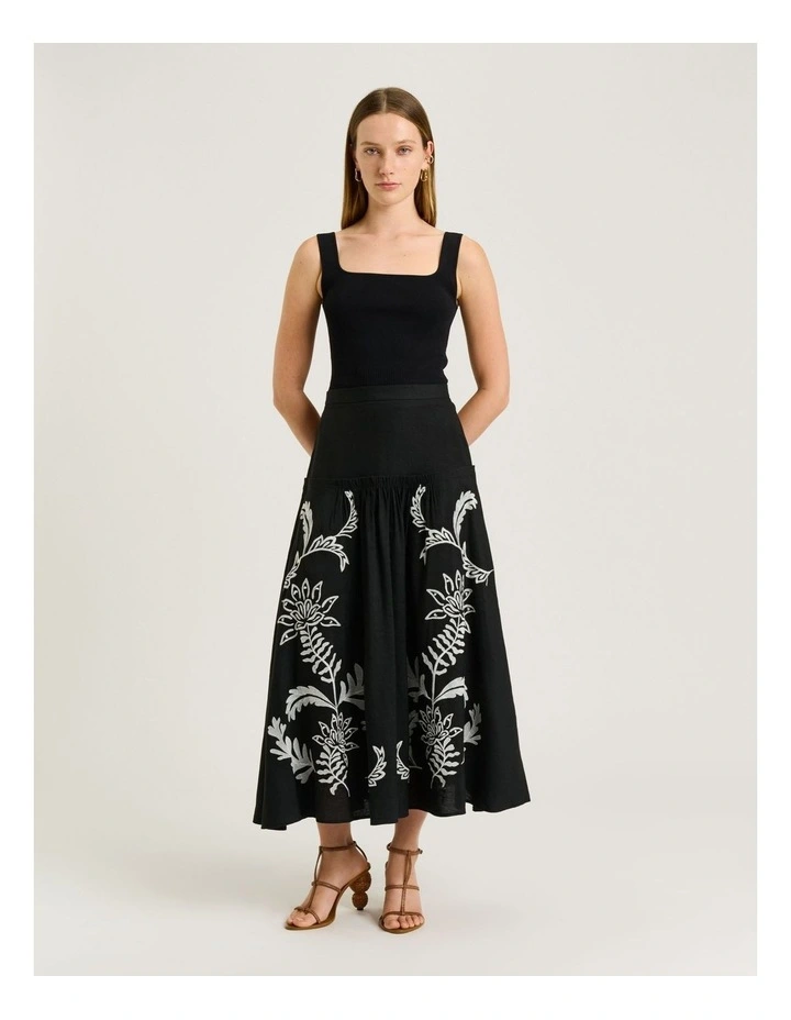 Filigree Foliage Embroidered Midi Skirt in Black image 4