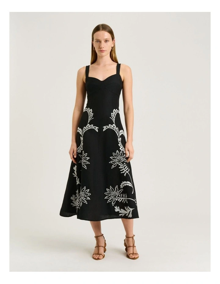 Filigree Foliage Embroidered Midi Dress in Black image 1
