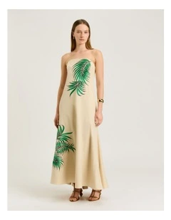 Palm Embroidery Strapless Maxi Dress in Beige