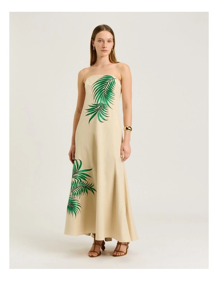 Palm Embroidery Strapless Maxi Dress in Beige image 1