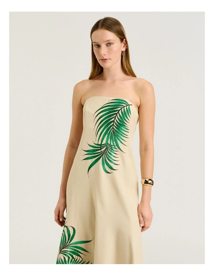 Palm Embroidery Strapless Maxi Dress in Beige image 3
