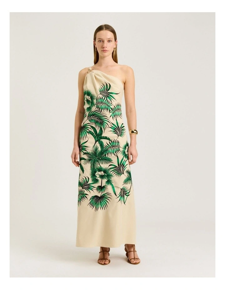 Palm Embroidery One Shoulder Maxi Dress in Beige image 1