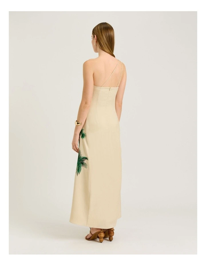 Palm Embroidery One Shoulder Maxi Dress in Beige image 2