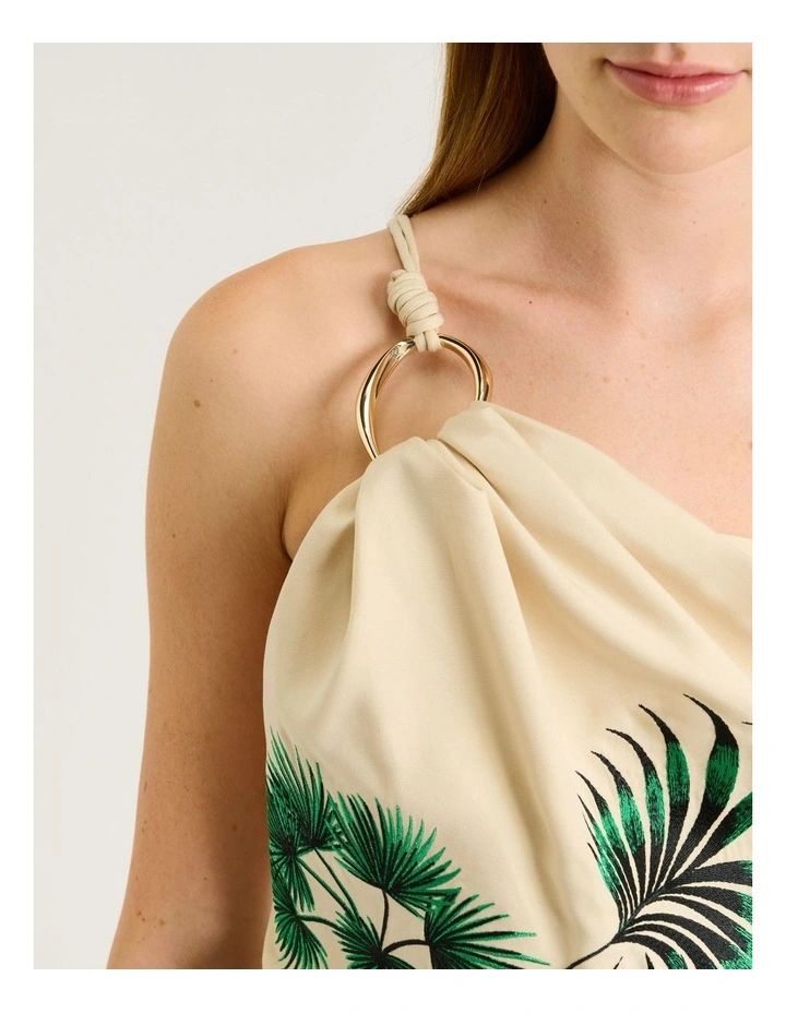 Palm Embroidery One Shoulder Maxi Dress in Beige image 4