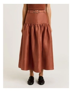 Linen Viscose Blend Gathered Midi Skirt in Brown