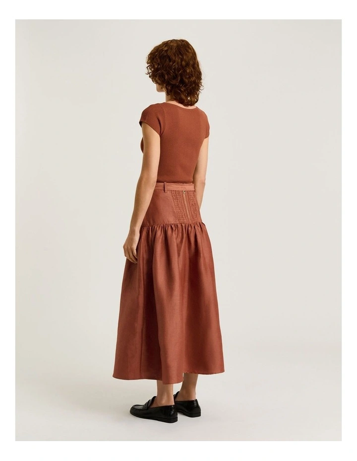 Linen Viscose Blend Gathered Midi Skirt in Brown image 2