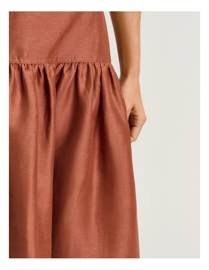 Linen Viscose Blend Gathered Midi Skirt in Brown image 3