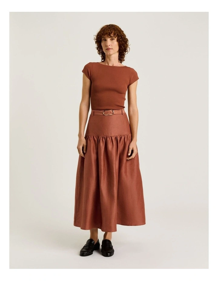 Linen Viscose Blend Gathered Midi Skirt in Brown image 4