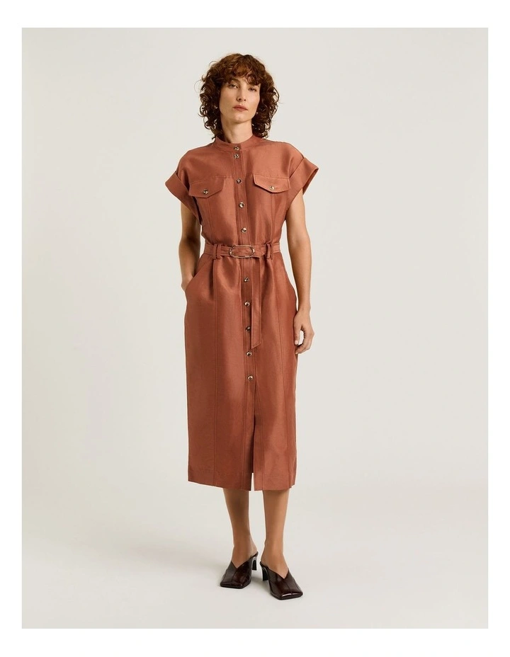 Linen Viscose Blend Utility Midi Dress in Brown image 1