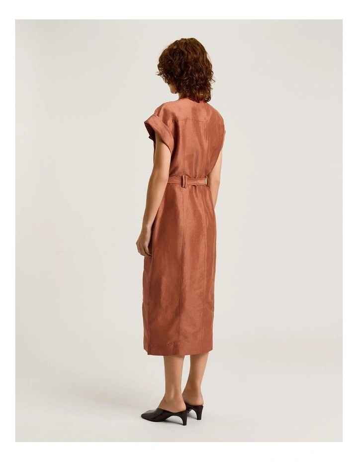 Linen Viscose Blend Utility Midi Dress in Brown image 2
