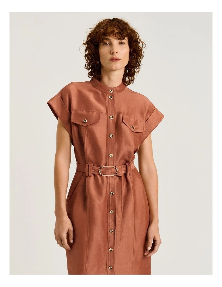 Linen Viscose Blend Utility Midi Dress in Brown image 3