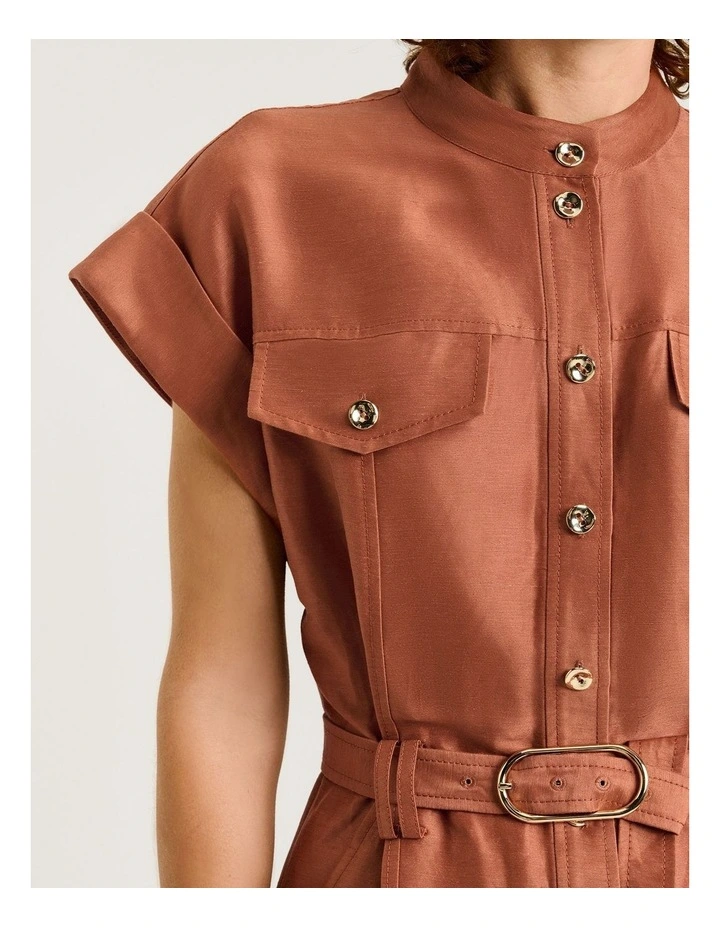 Linen Viscose Blend Utility Midi Dress in Brown image 4