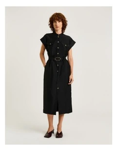 Linen Viscose Blend Utility Midi Dress in Black