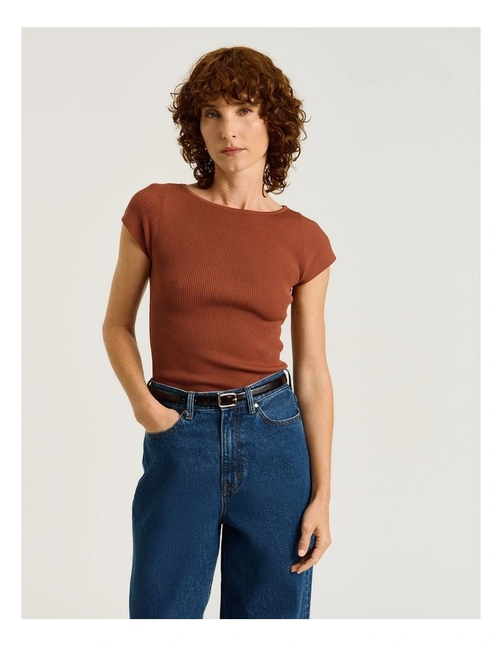 Ribbed Cap Sleeve Boat Neck Knit Jumper in Brown image 3