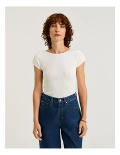 Ribbed Cap Sleeve Boat Neck Knit in White