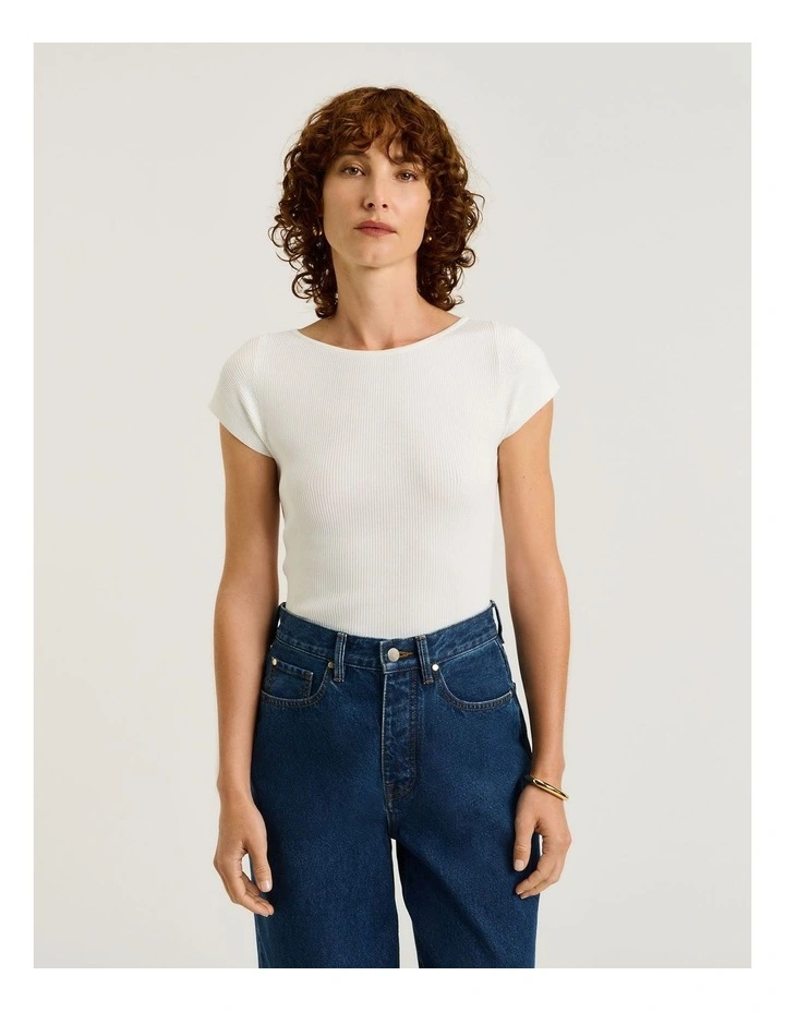 Ribbed Cap Sleeve Boat Neck Knit in White image 1