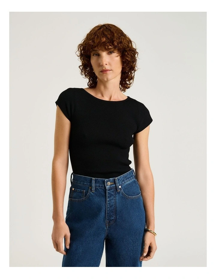 Ribbed Cap Sleeve Boat Neck Knit in Black image 1