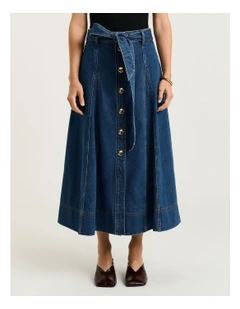 COTTON DENIM BELTED MIDI SKIRT
