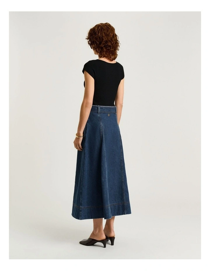 COTTON DENIM BELTED MIDI SKIRT image 2