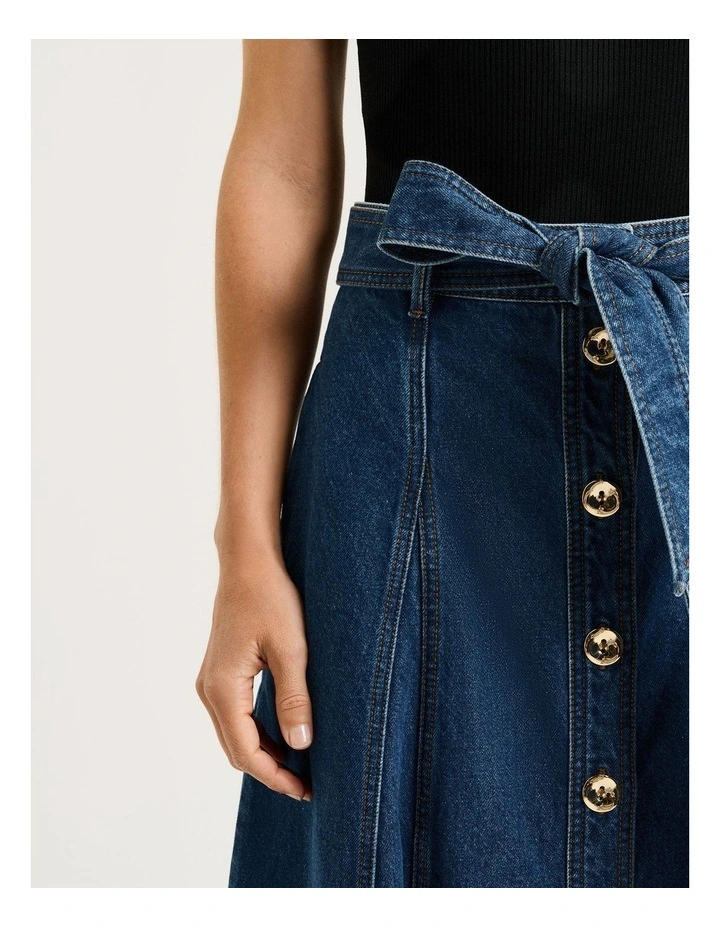 COTTON DENIM BELTED MIDI SKIRT image 3