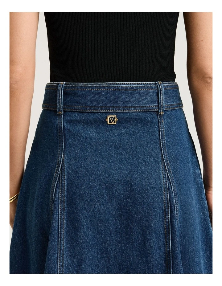 COTTON DENIM BELTED MIDI SKIRT image 4
