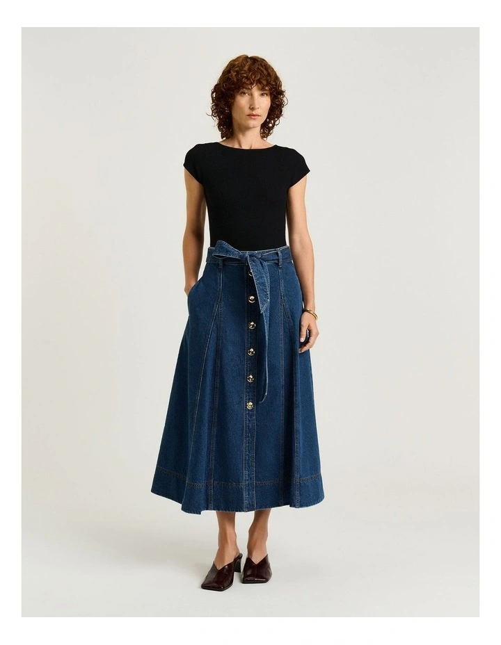 COTTON DENIM BELTED MIDI SKIRT image 5