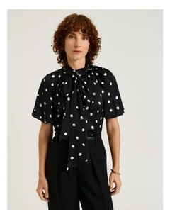 Painterly Spot Satin Blouse in Black