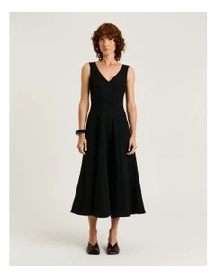 Double Weave Panelled Midi Dress in Black